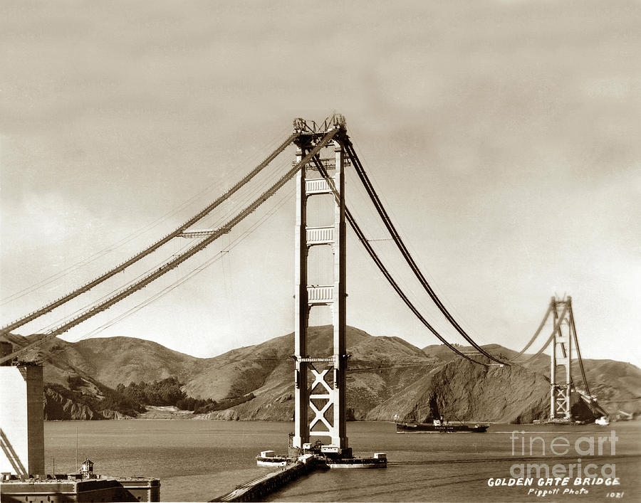Golden Gate Bridge Photograph - Looking north at the Golden Gate Bridge under construction with no deck yet 1936 by Monterey County Historical Society