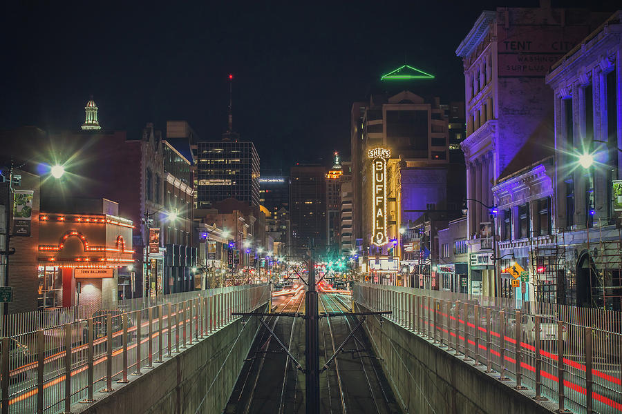 Looking south on Main Street in Buffalo at night Photograph by Jay Smith