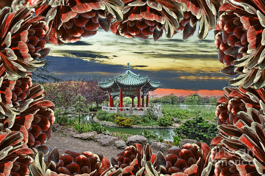 Looking Through An Opening In The Aeonium To The Chinese Pagoda  Digital Art by Jim Fitzpatrick
