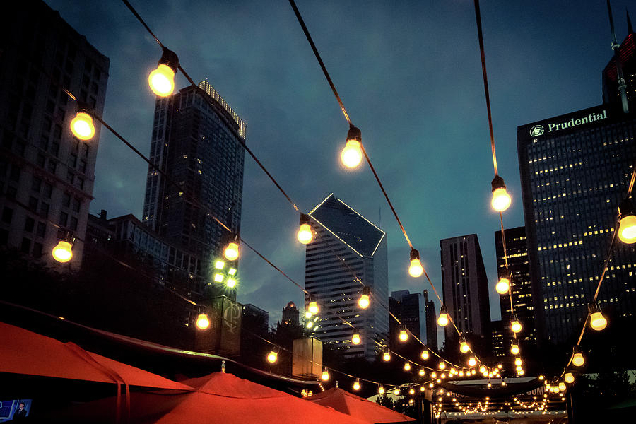 Looking Up at the Chicago Skyline Under String Lights at Dusk Photograph by Anthony Doudt