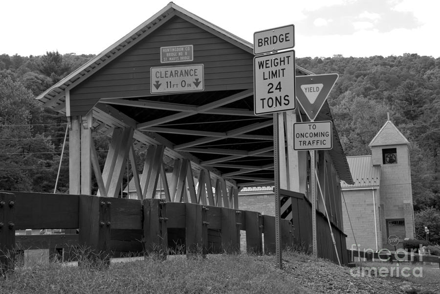 Looking Up At The St. Mary Covered Bridge Black And White Photograph by Adam Jewell
