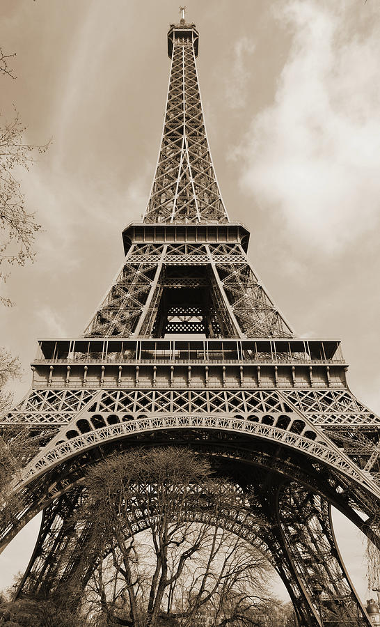 Looking Up at the Sunlit Face of the Eiffel Tower in Paris France Sepia Photograph by Shawn OBrien
