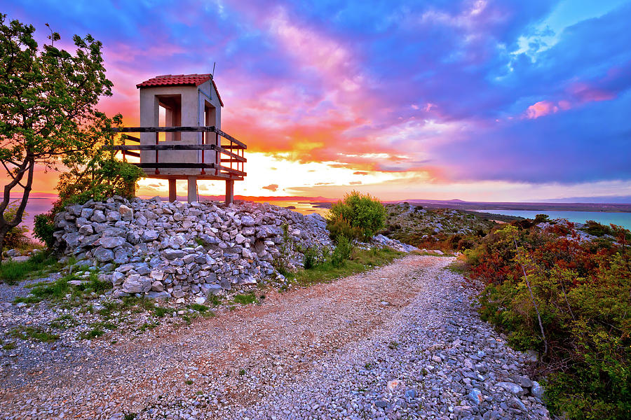 Lookout tower above Pakostane archipelago at golden sunset Photograph by Brch Photography