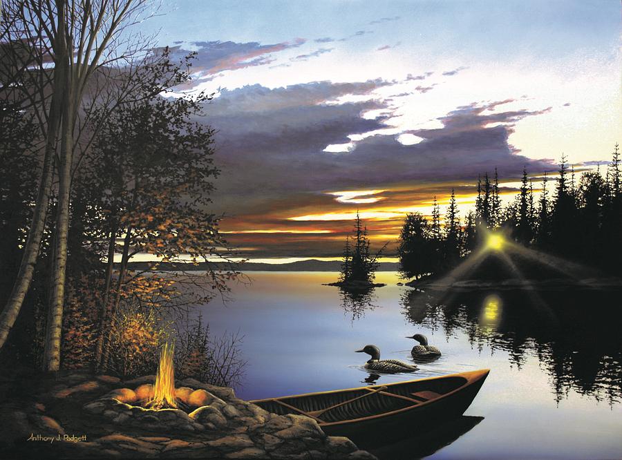 Loon Painting - Loon Lake by Anthony J Padgett