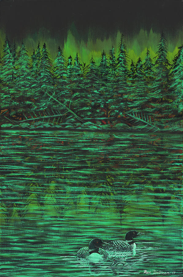Lake Superior Painting - Loons on Green water under Aurora Borealis by Ron Dietman Lake Superior Painting - Loons on Green water under Aurora Borealis by Ron Dietman
