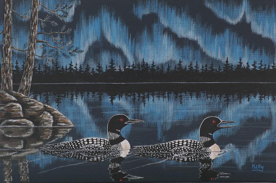 Loon Painting - Loons Under Northern Lights by Ann  Kelly
