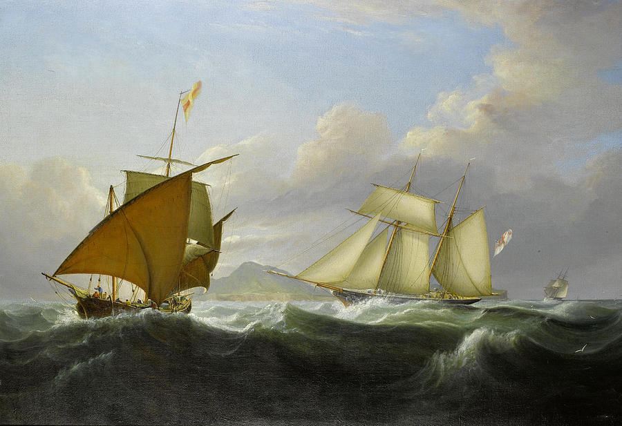 Lord Belfasts yacht Emily off the Mediterranean coast with a xebec off her port bow Painting by John Lynn