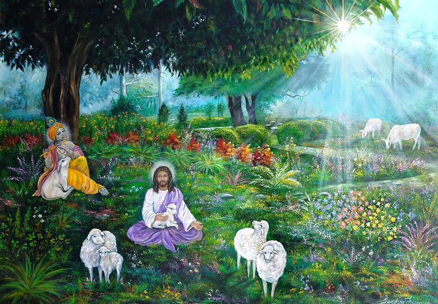 Sheep Painting - Lord Jesus and Lord Krishna by Sundara Fawn