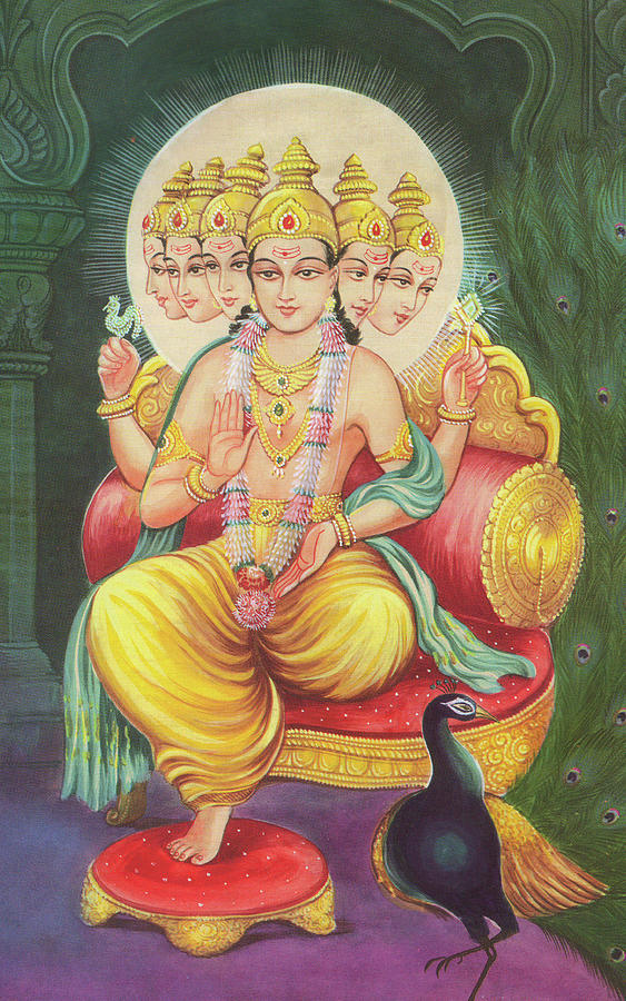 Lord Kartikeya, Hindu God, Murugan, Miniature Paintings of India, Online art gallary. Painting by B K Mitra