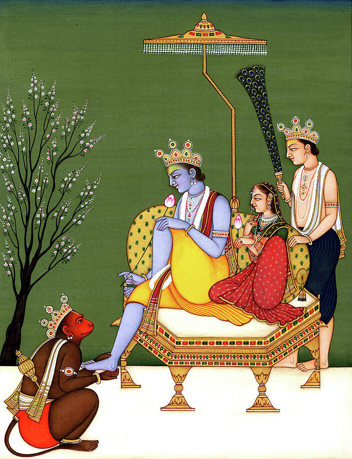 Lord Rama , Sita, Lakshmana and devotee Hanuman Indian Miniature Painting Watercolor Artwork India Painting by B K Mitra
