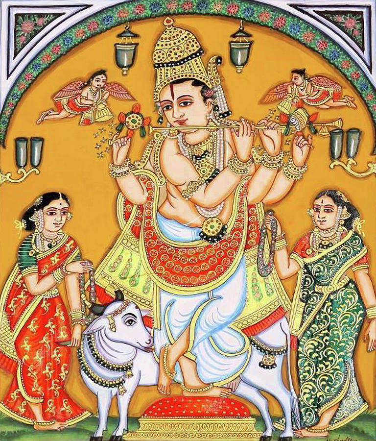 Lord Shri Krishna with Cow, Hindu God , Indian Miniature Painting Watercolor Artwork India. Painting by B K Mitra
