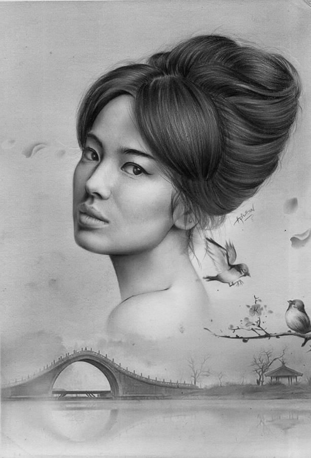 South Korean Drawing - Lorraine Song portrait by Adilson Silva