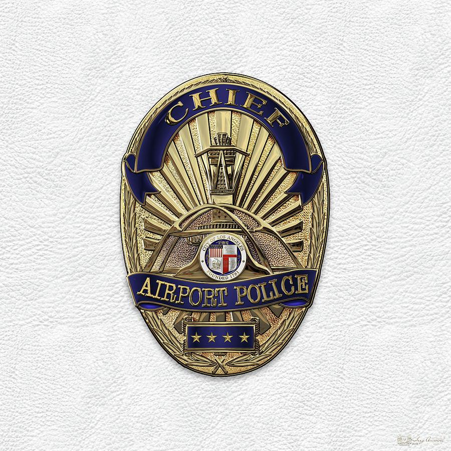 Los Angeles Airport Police Division - L A X P D  Chief Badge over White Leather Digital Art by Serge Averbukh