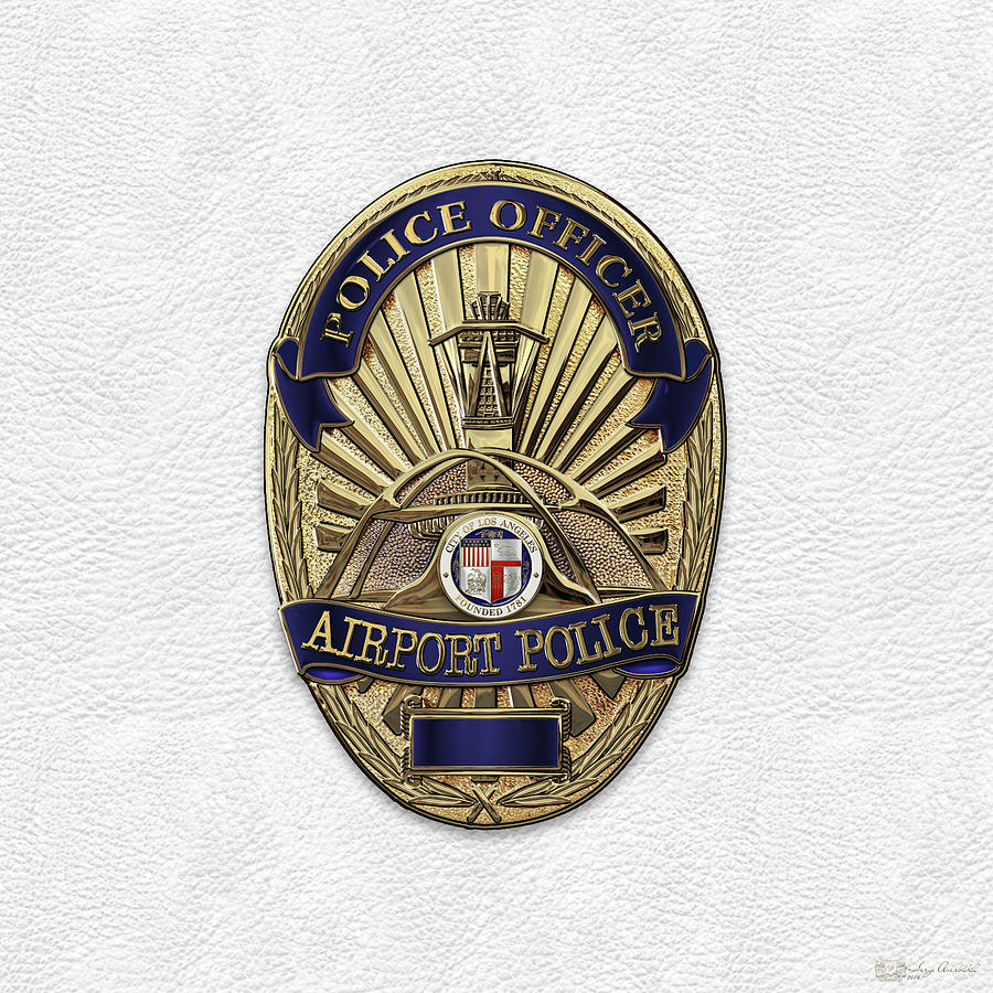 Los Angeles Airport Police Division - L A X P D  Police Officer Badge over White Leather Digital Art by Serge Averbukh