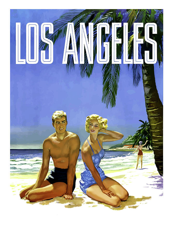 Los Angeles beach, young couple under palm tree Painting by Long Shot