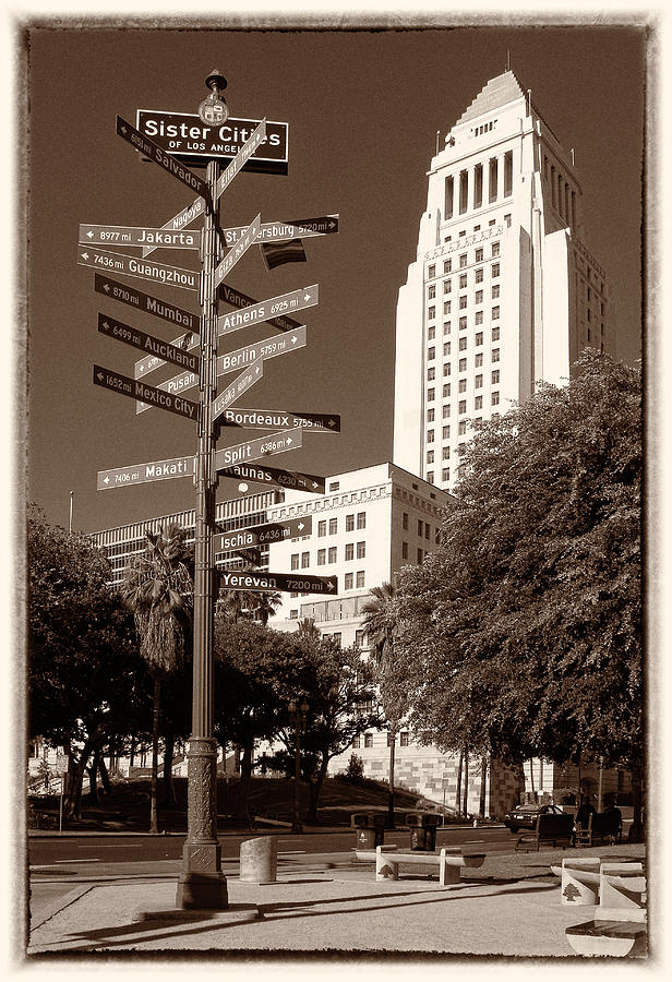 Los Angeles City Hall and Sister Cities of LA - Sepia Rendition Photograph by Ram Vasudev