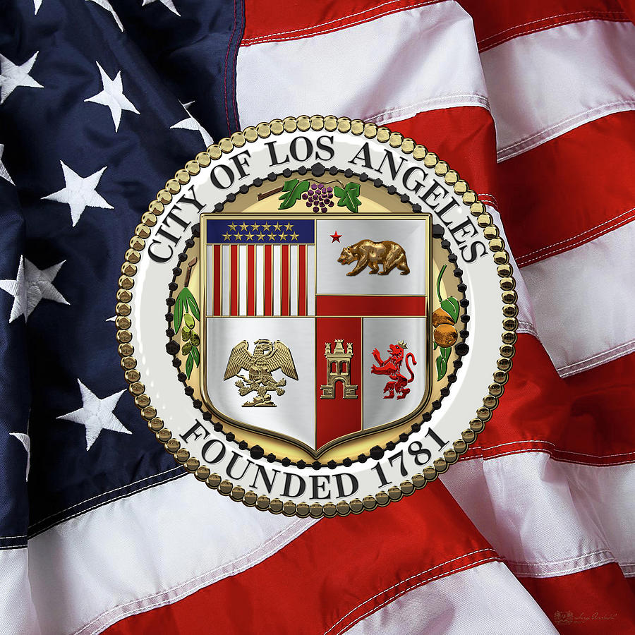 Los Angeles City Seal over American Flag Digital Art by Serge Averbukh