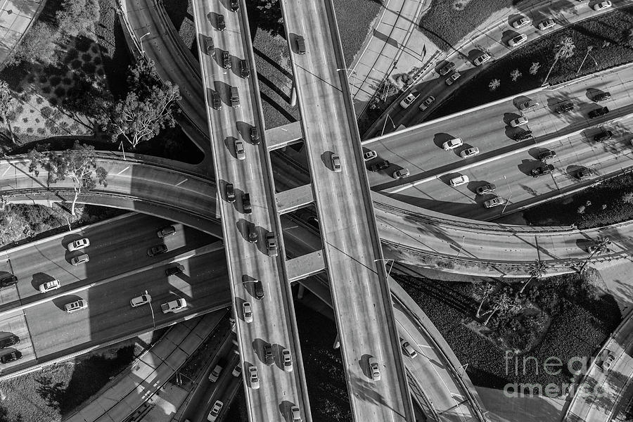 Los Angeles Photograph - Los Angeles Downtown Four Level Interchange Aerial View in Black by Trekkerimages Photography