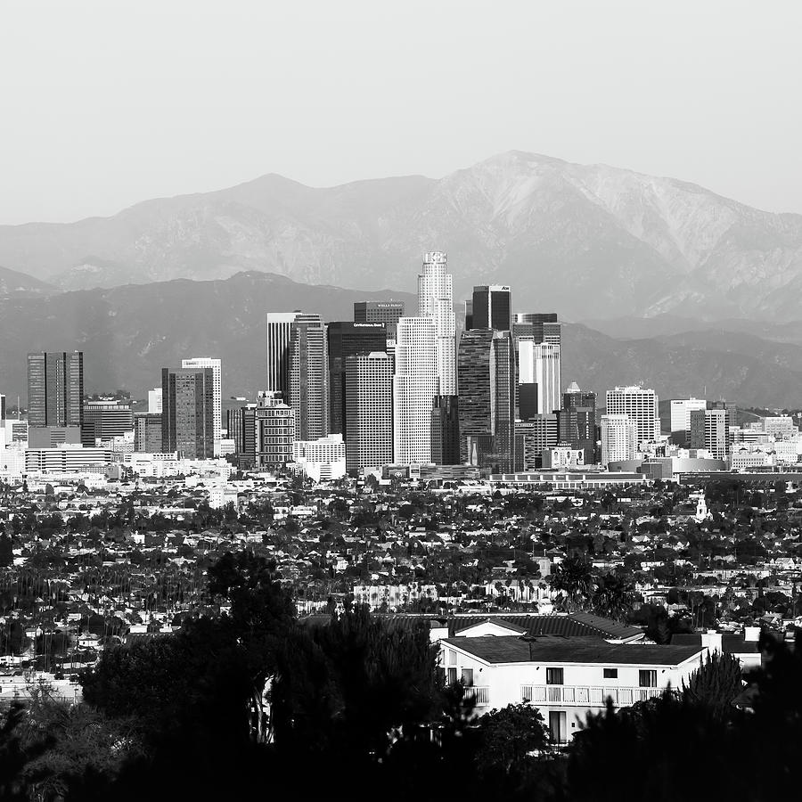 City Of Angels Photograph - Los Angeles Downtown Skyline and Mountain Landscape - Square 1x1 Monochrome by Gregory Ballos