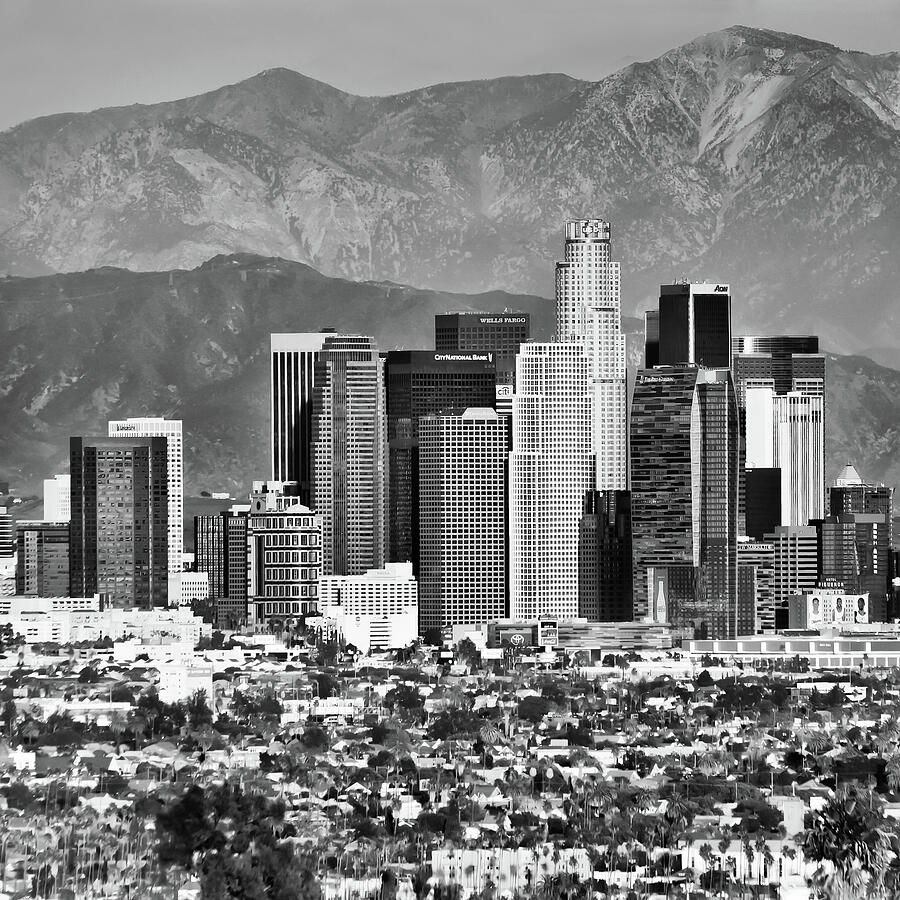 Los Angeles Skyline and Mountain Landscape - Square 1x1 Monochrome Photograph by Gregory Ballos