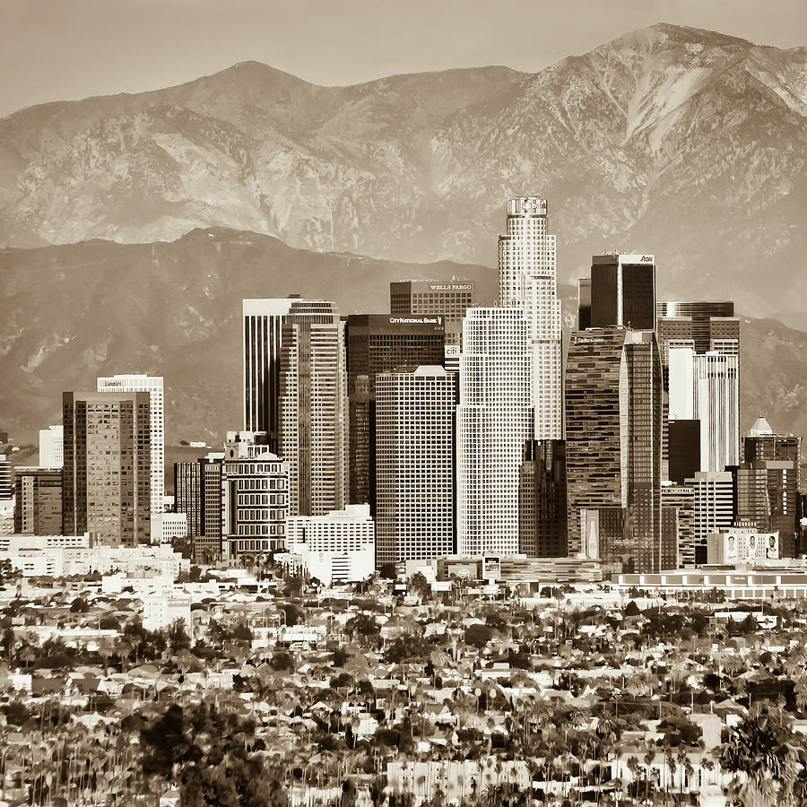 Los Angeles Skyline and Mountain Landscape - Square 1x1 Sepia Photograph by Gregory Ballos
