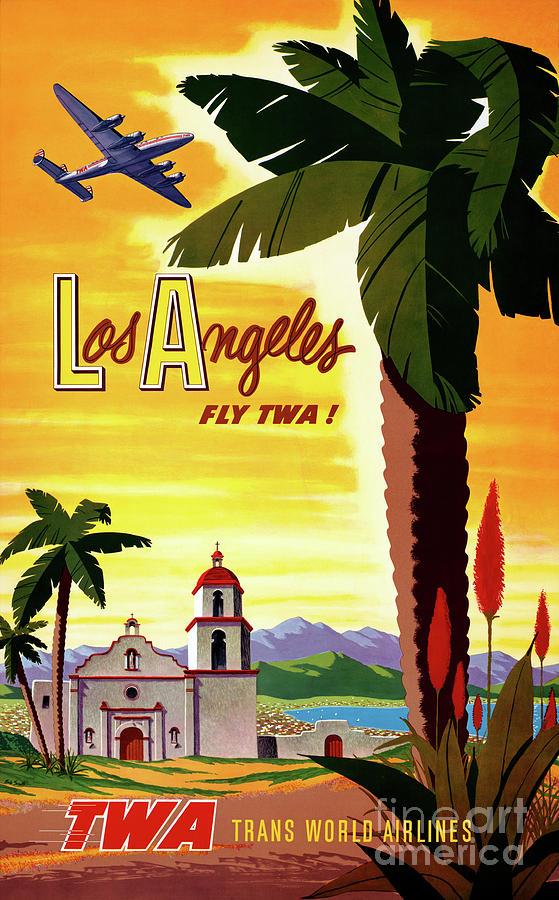 Vintage Drawing - Los Angeles Vintage Air Travel Poster Restored by Vintage Treasure