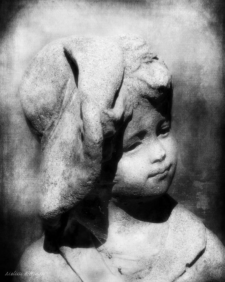 Lost In Thought Black and White Garden Statue, Little Boy with Hat Photograph by Melissa Bittinger