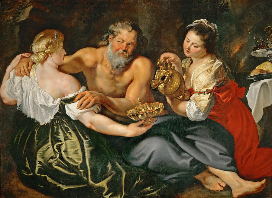Lot and his daughters in a rock grotto Painting by Peter Paul Rubens