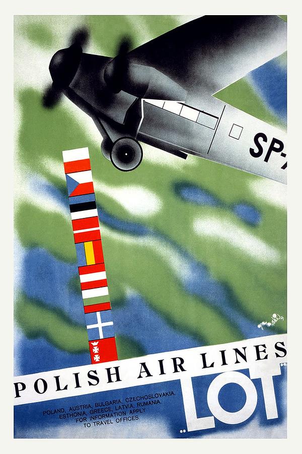 LOT Polish Airlines, Poland - Flags Of The Countries - Retro travel Poster - Vintage Poster Mixed Media by Studio Grafiikka
