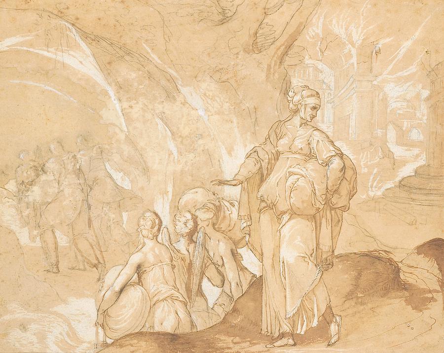 Genesis Drawing - Lots wife looking back at the destruction of Sodom and Gomorrah  by Toussaint Dubreuil