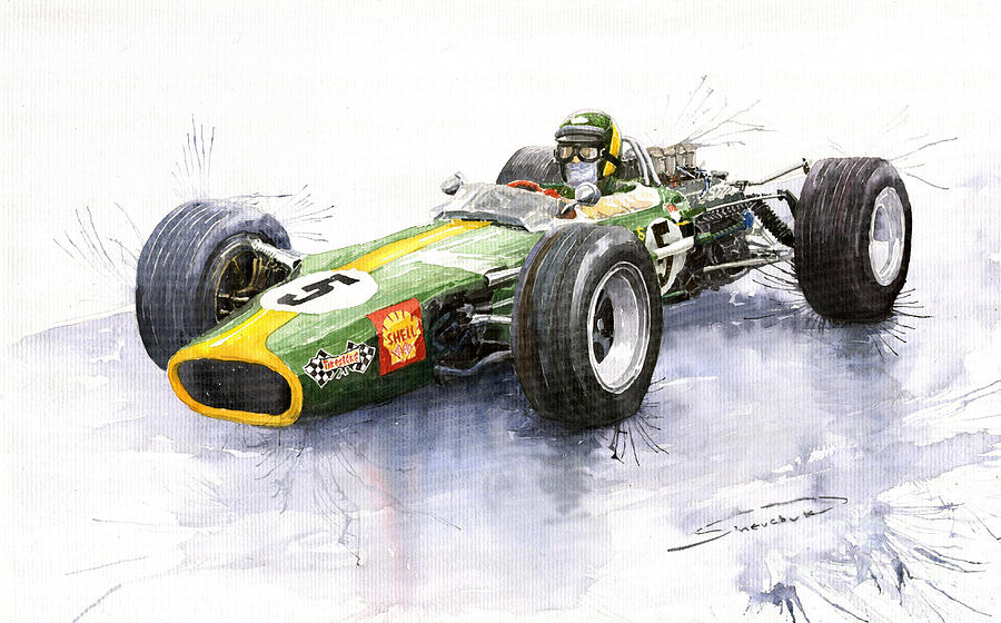 Watercolour Painting - Lotus 49 Ford F1 Jim Clark by Yuriy Shevchuk