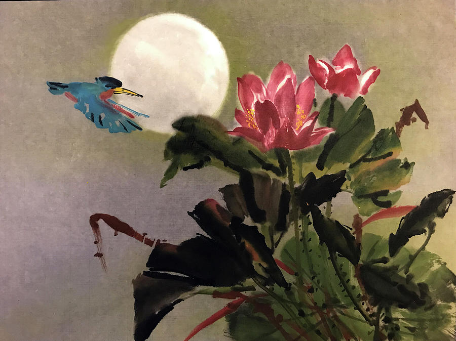 Lotus and Kingfisher Painting by Charlene Fuhrman-Schulz