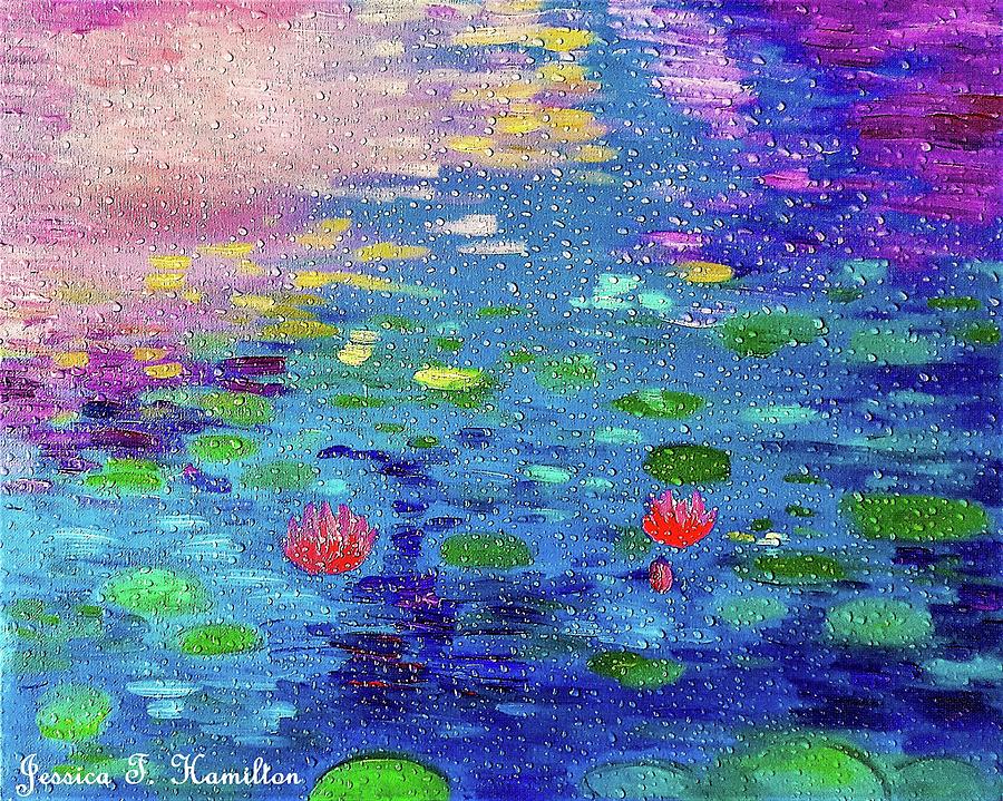 Lotus Pond Through Raindrops On A Window Painting