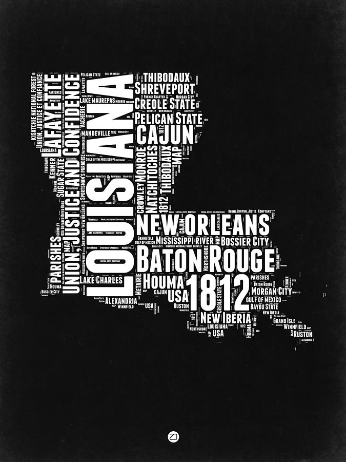 Independence Day Digital Art - Louisiana Black and White Word Cloud map by Naxart Studio