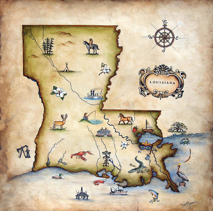 Louisiana Map Painting by Judy Merrell