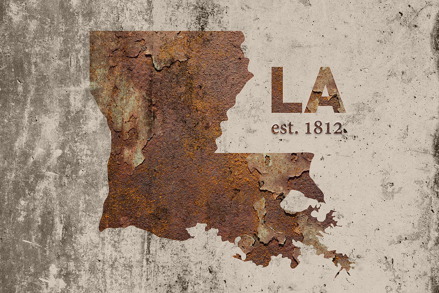 New Orleans Mixed Media - Louisiana State Map Industrial Rusted Metal on Cement Wall with Founding Date Series 017 by Design Turnpike