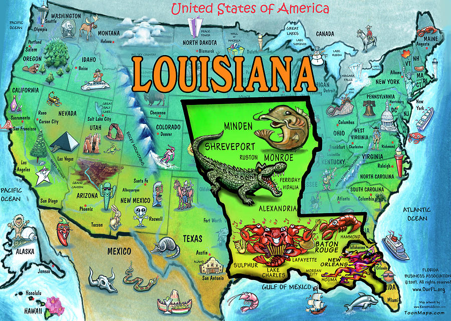 Louisiana USA Cartoon Map Painting by Kevin Middleton