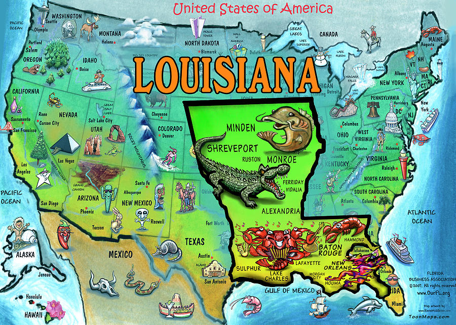 Louisiana Cartoon Map T-Shirt by Kevin Middleton - Fine Art America