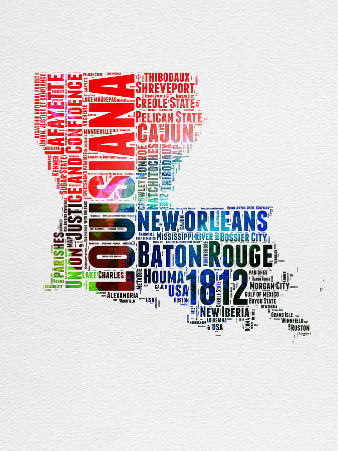 New Orleans Digital Art - Louisiana Watercolor Word Cloud Map  by Naxart Studio