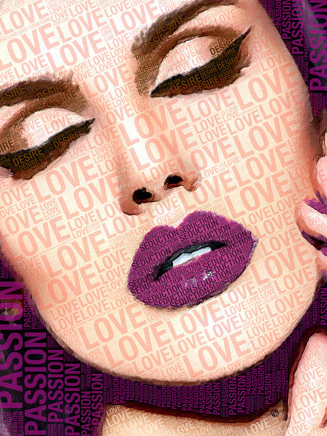 Typography Painting - Love And Passion Portrait Of A Woman With Words Purple by Tony Rubino