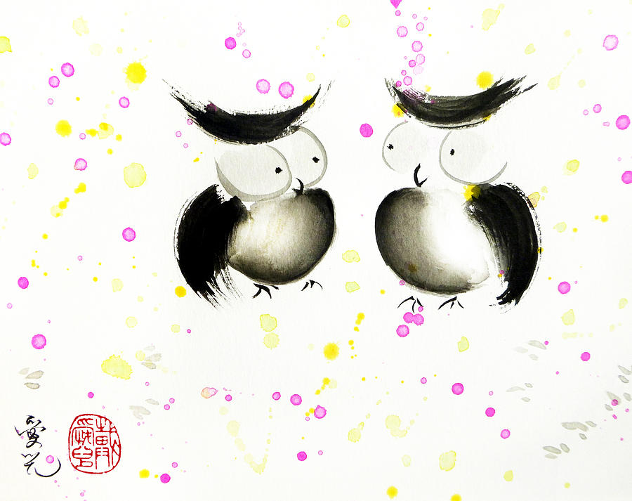 Owl Painting - Love At First Sight by Oiyee At Oystudio