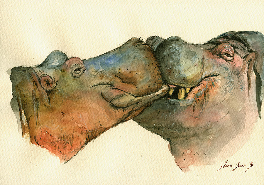 Hippos Painting - Love between Hippos by Juan  Bosco