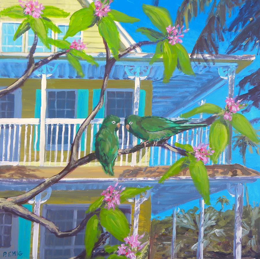 Parrots Painting - Love Blooms by Paul Emig Parrots Painting - Love Blooms by Paul Emig
