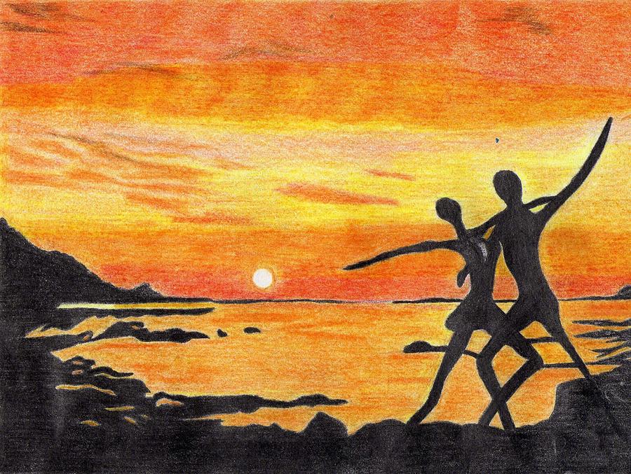 beach sunset colored pencil drawing