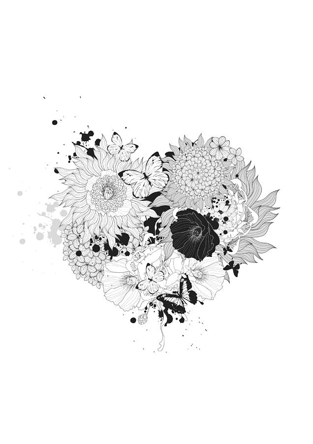 Black And White Digital Art - Floral Heart Love Garden by BONB Creative