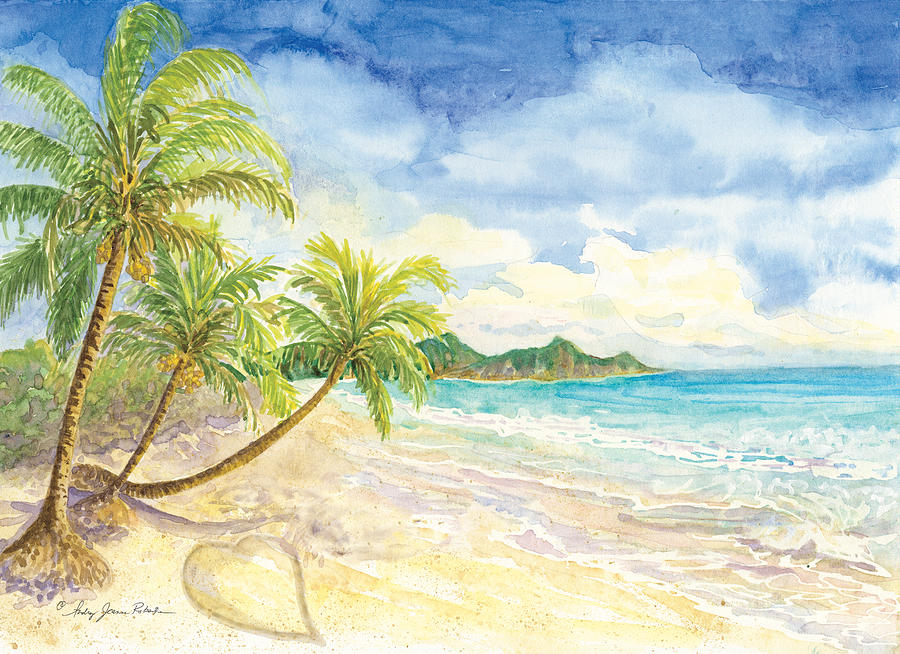 Love Heart on the Tropical Beach with Palm Trees Painting by Audrey Jeanne Roberts
