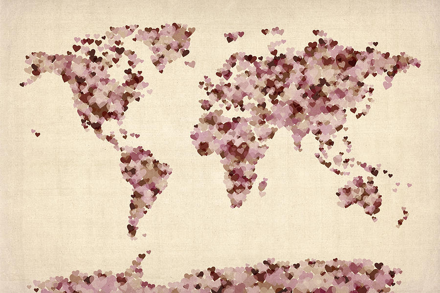 Love Hearts Map of the World Map Digital Art by Michael Tompsett