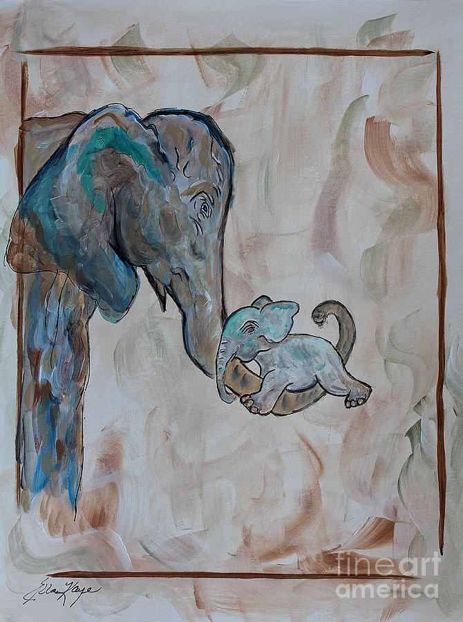 Elephant Painting - Love In Mommas Arms by Ella Kaye Dickey