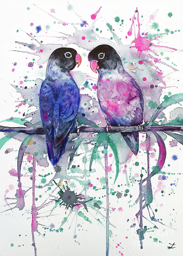 Love Is In The Air. Lovebirds Painting by Zaira Dzhaubaeva