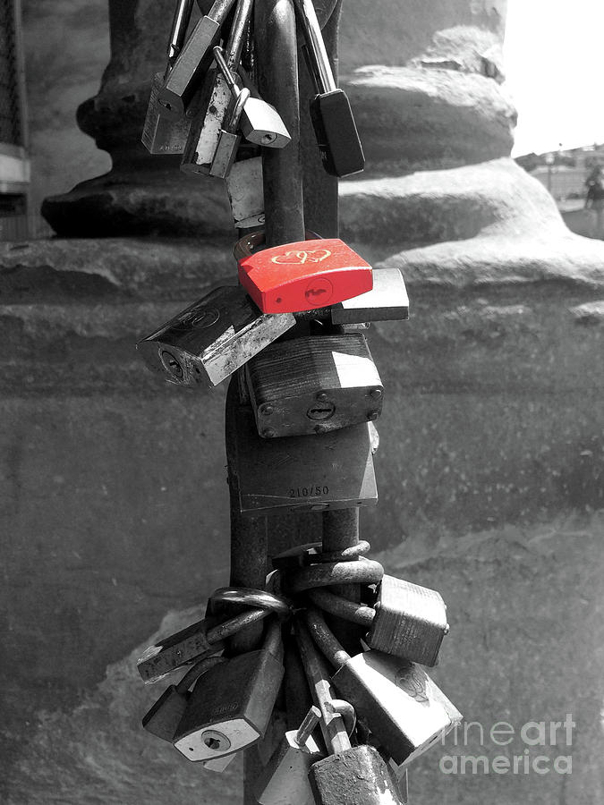 Love Locks near the Arno river in Florence Italy selective color Photograph by Adam Long